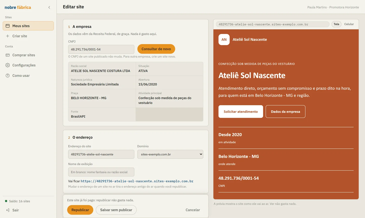 O editor de um site na Fábrica, com os dados da Receita e o endereço à esquerda e a prévia à direita