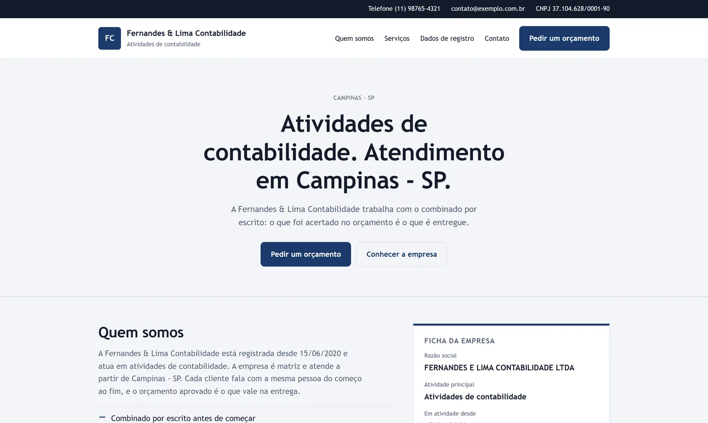 Site de exemplo no layout Corporativo, em marinho, de um escritório de contabilidade inventado