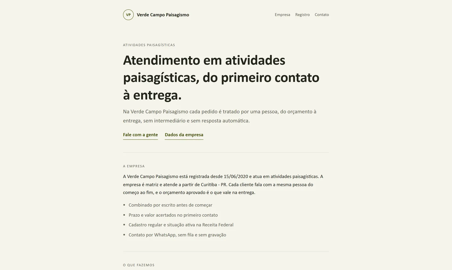 Site de exemplo no layout Minimalista, em oliva, de uma empresa de paisagismo inventada